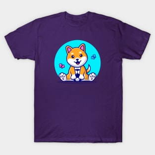 Cute Dog Shiba Inu With Soccer Ball And Butterfly Cartoon Vector Icon Illustration T-Shirt